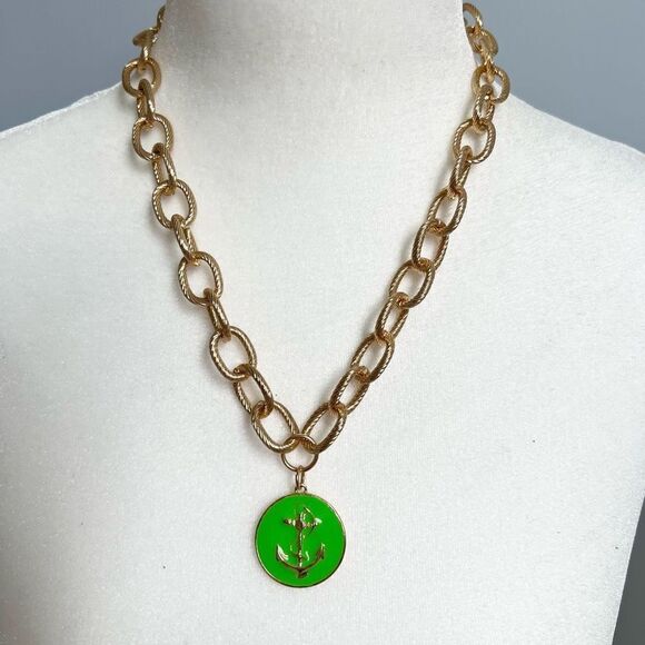 No Brand Jewelry - Gold tone chain with green enamel anchor pendant necklace